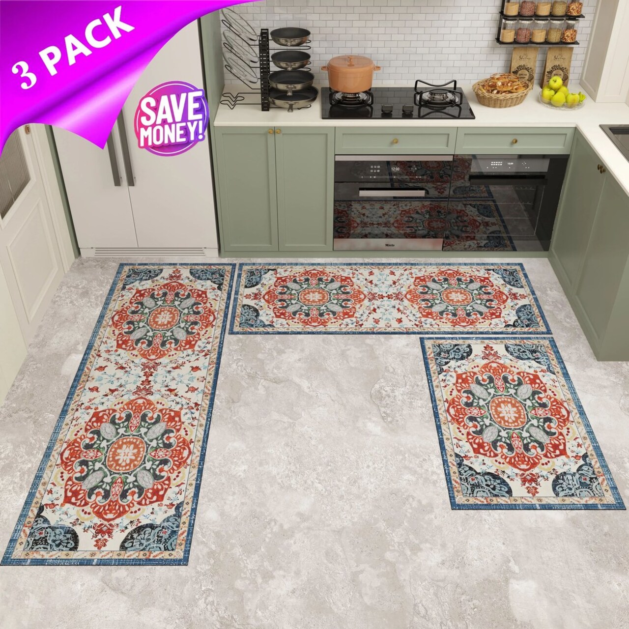 Kitchen Rug Sets 3 Piece with Runner Non Slip Kitchen Rugs and Mats Washable Kitchen Mats for Floor Thick Kitchen Floor Mat Carpet Runner Rugs for Hallway Laundry Holiday Decor